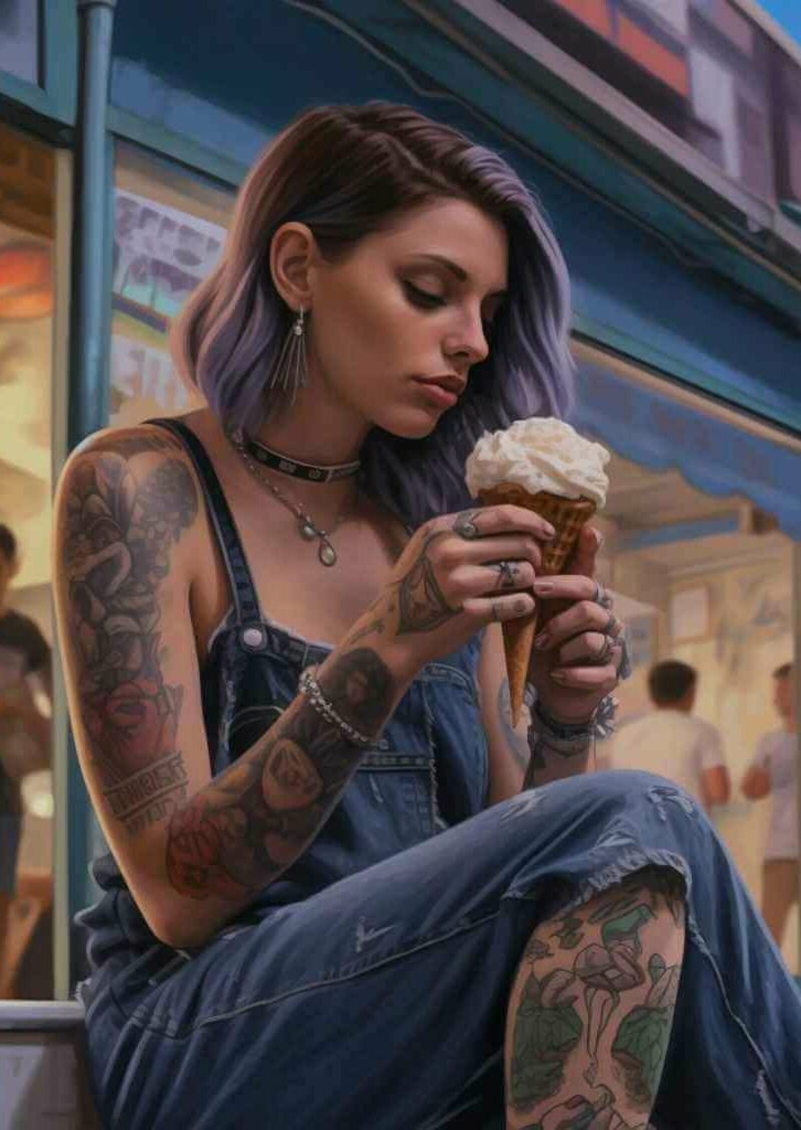 Eine tätowierte junge Frau die auf einer Bank sitzt und Eis isst