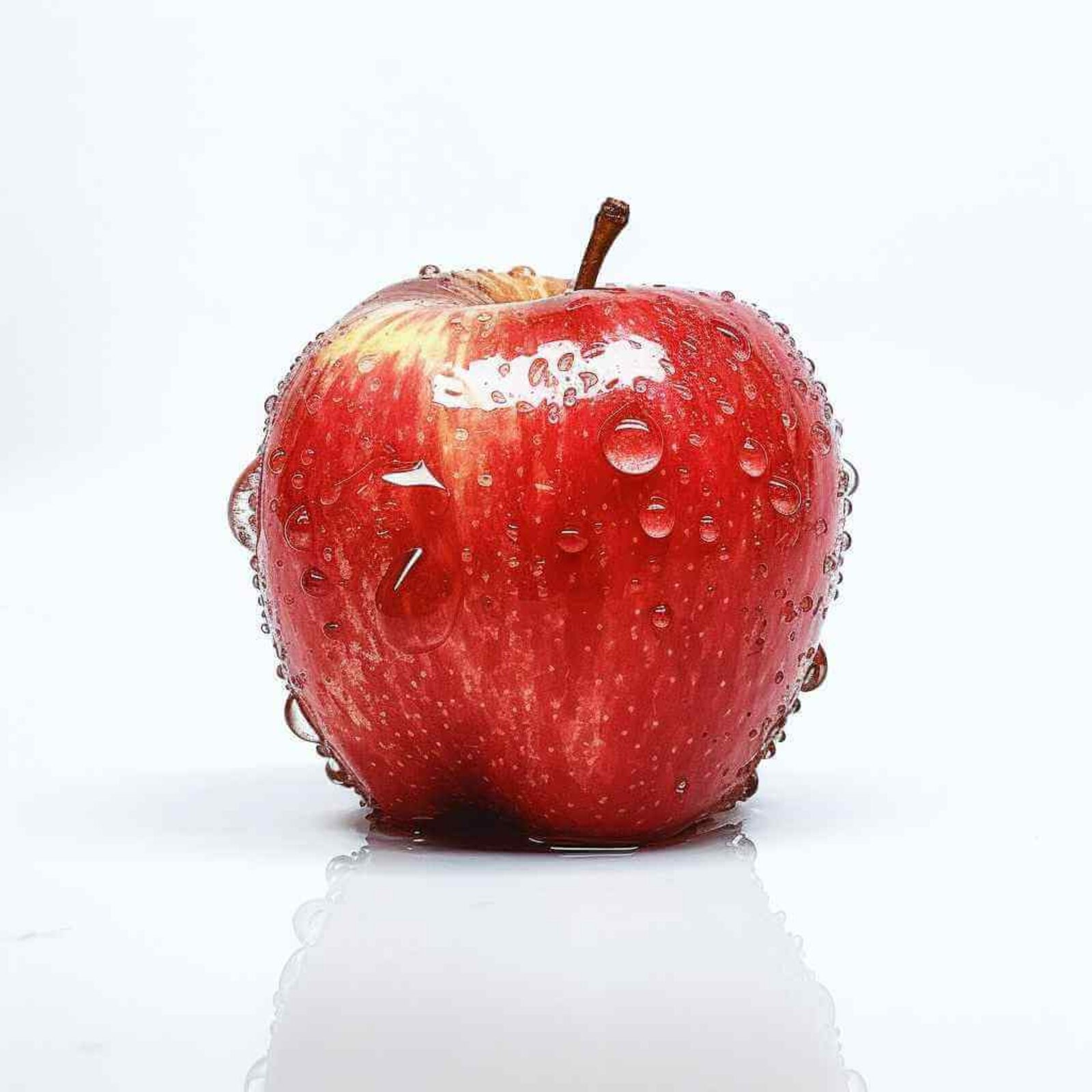 Ein roter Apfel mit Wassertropfen vor einem weißen Hintergrund