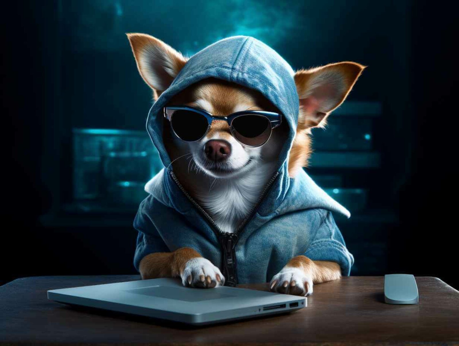 Ein Chihuahua im Kapuzenpulli vor einem Laptop