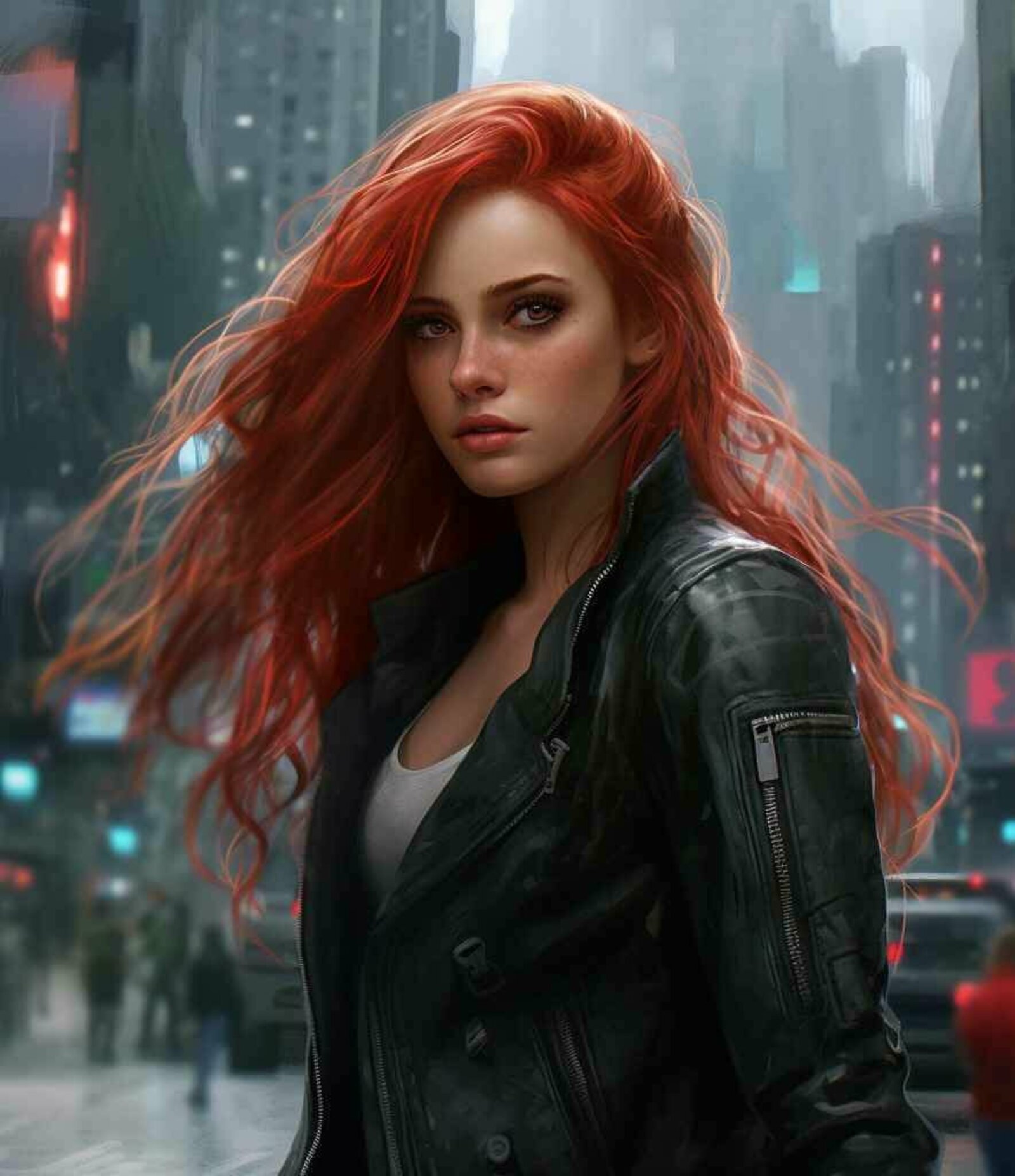 Eine hübsche junge Frau mit wehenden roten Haaren