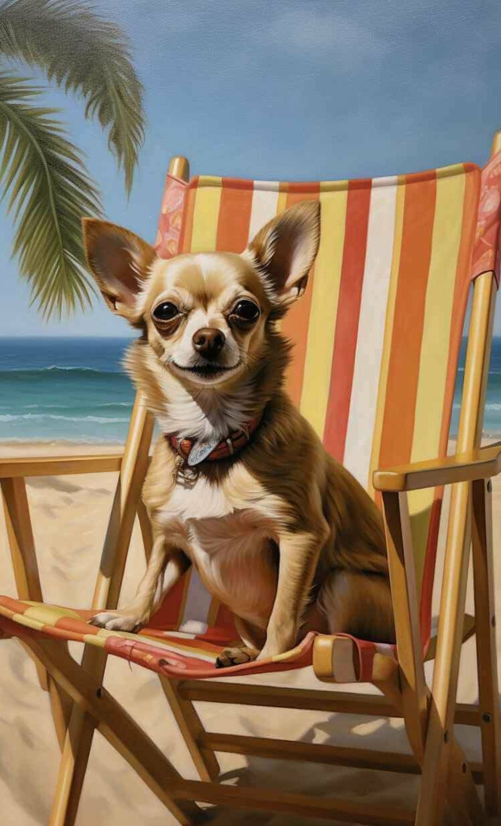 Ein Chihuahua der auf einem Liegestuhl am Strand sitzt