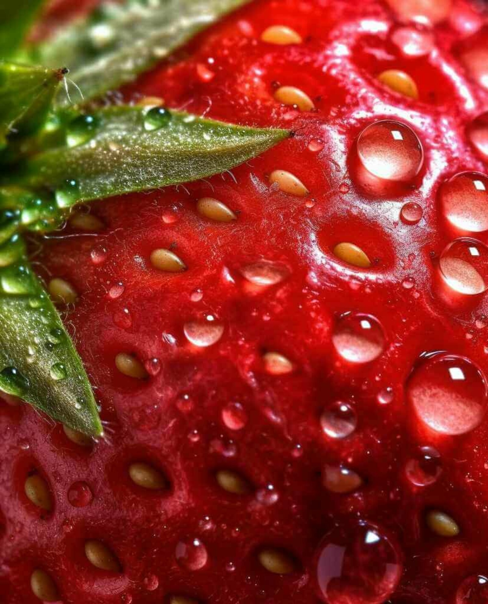 Macro-Aufnahme einer Erdbeere mit Wassertropfen