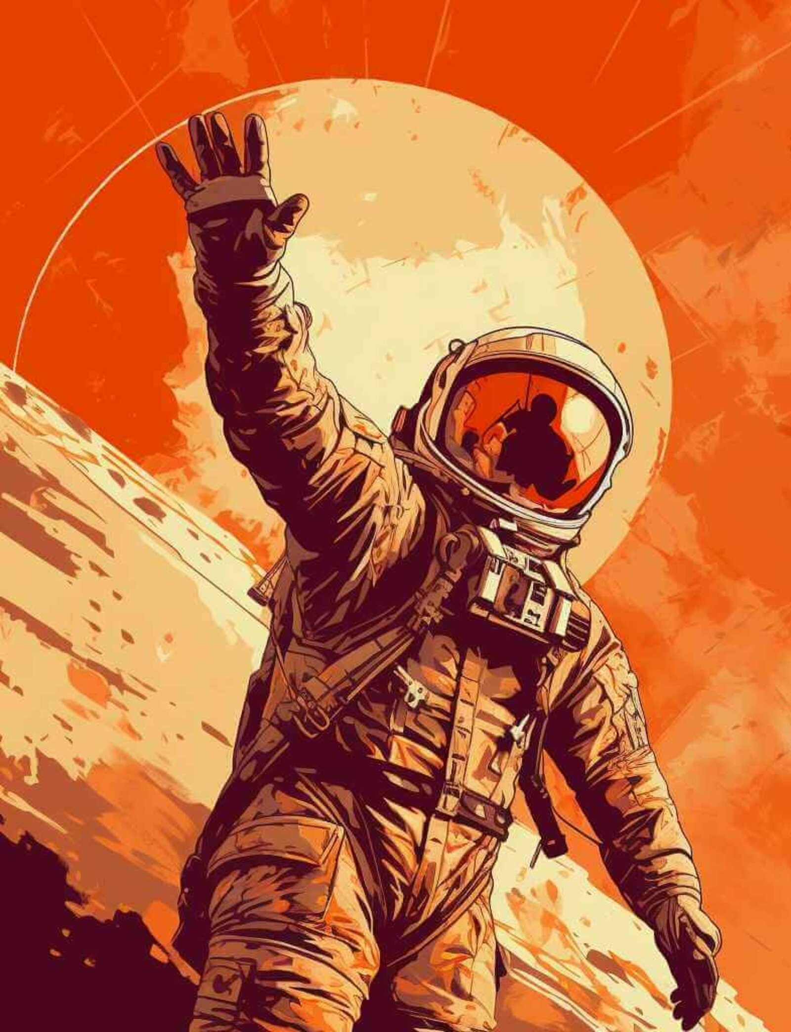 Ein fröhlich winkender Astronaut auf dem Mars