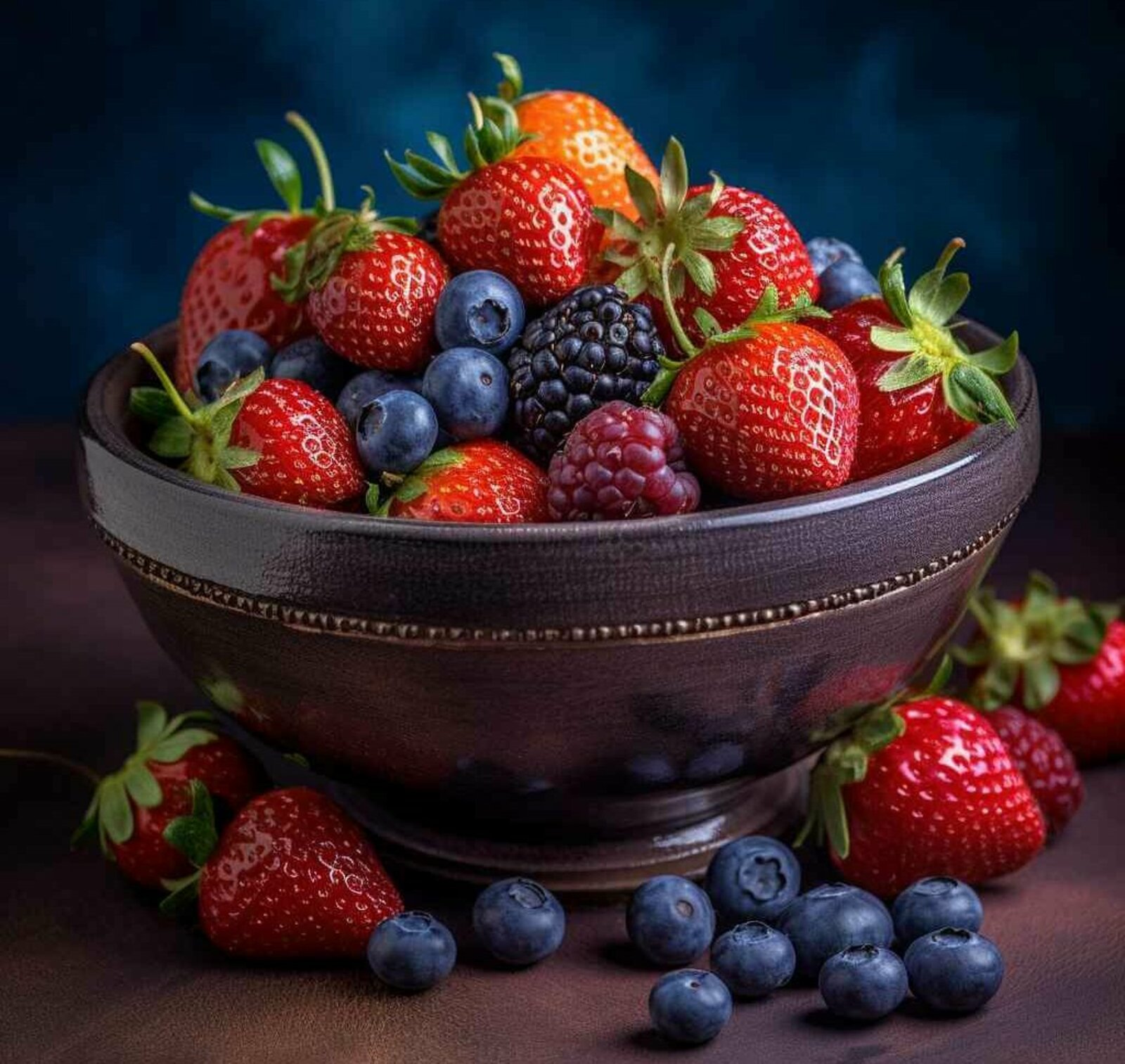 Eine braune Obstschale gefüllt mit Erdbeeren, Blaubeeren, Himbeeren und Brombeeren