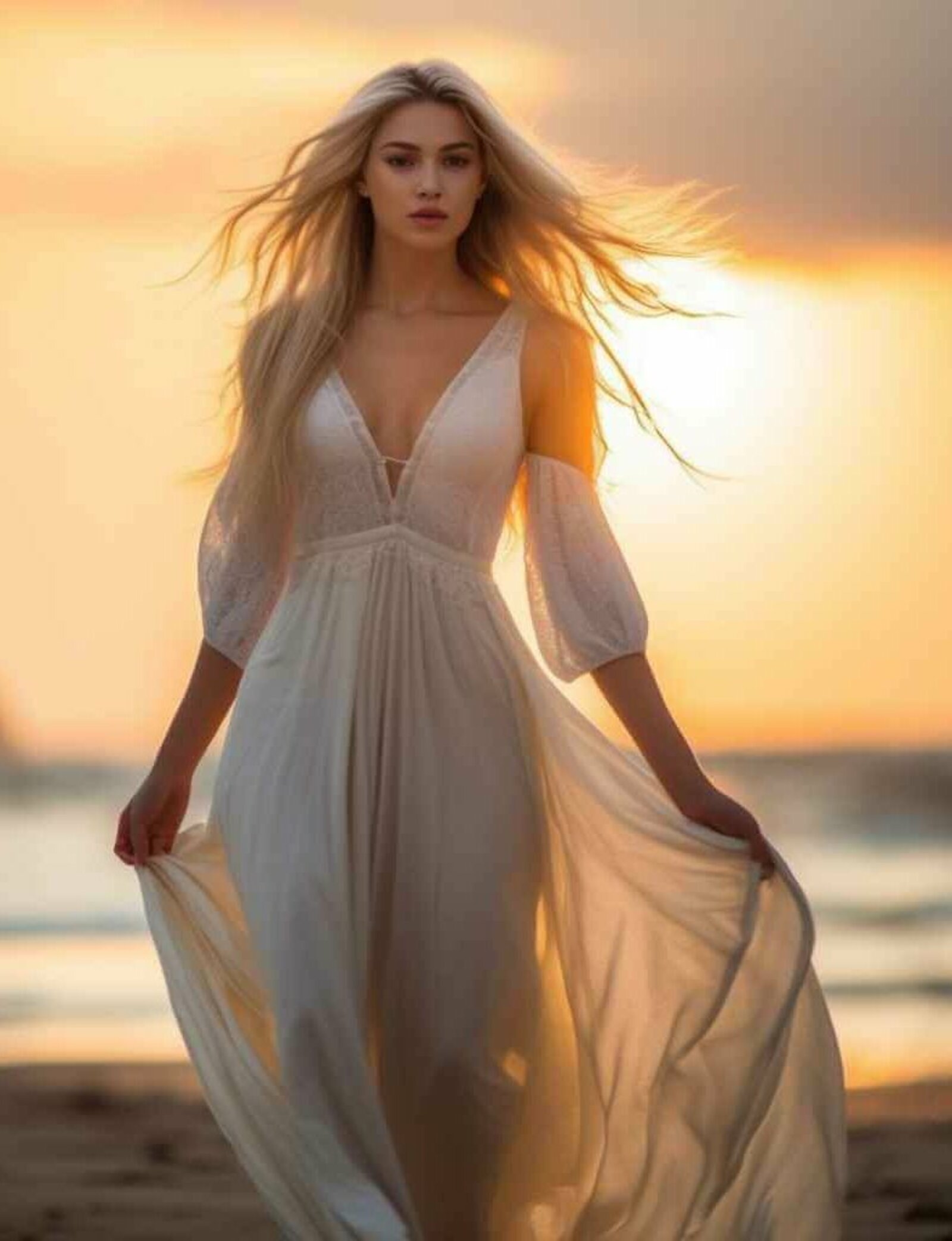 Eine junge Frau in wallendem weißen Kleid am Strand