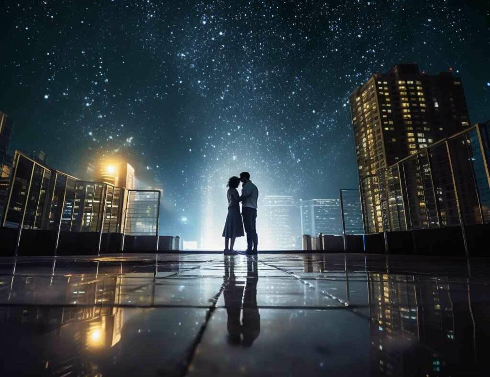Ein junges Paar das sich küsst, im Hintergrund die Sterne und die Siluetten einer Stadt
